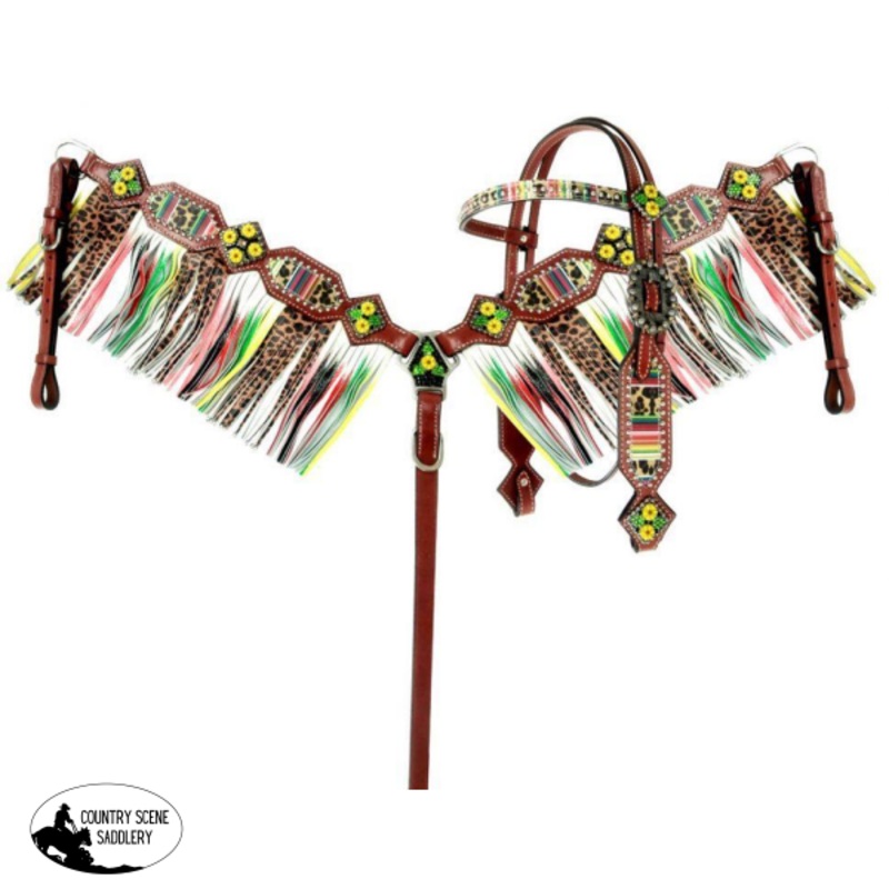 Showman  Cheetah/ Serape print browband headstall and fringe breast collar set.