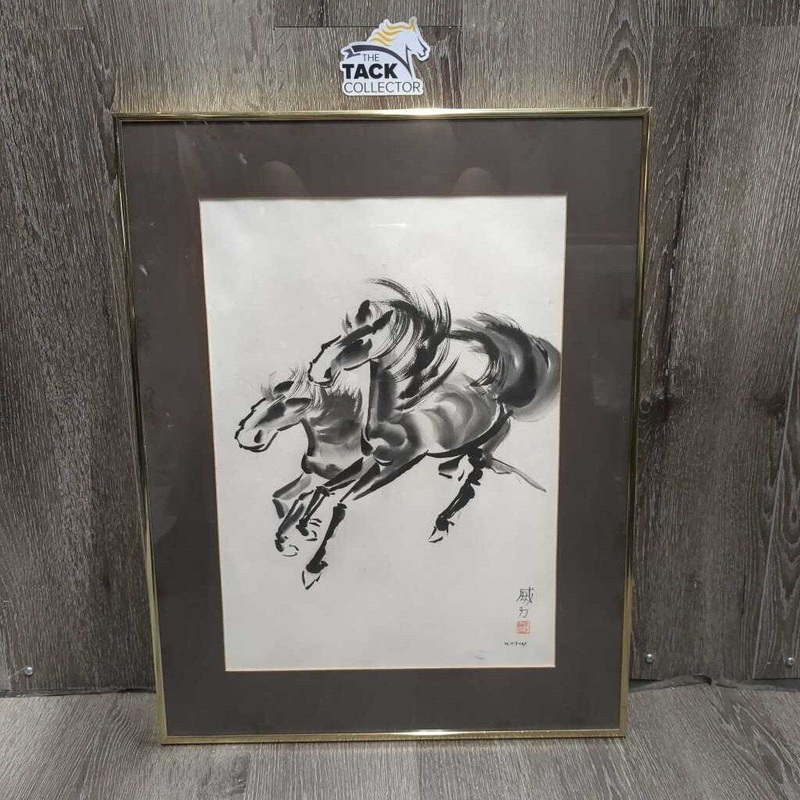 Brushwork Horse Painting by Whitney, Metal Frame & matted *vgc, dusty, discolored mat, film, scratches 22″ x 17″ White/Black/Gold Used