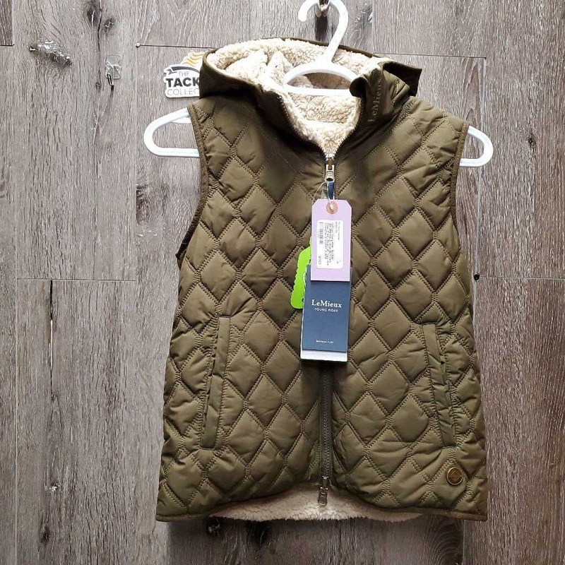 Young Rider “ELOISE” JUNIORS Fleece Lined Quilt Vest, Hood, Zipper, Reversible, tags *new 9-10 Green/Tan New