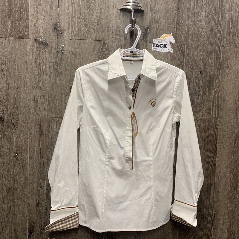 LS Blouse *vgc, creased/iron collar, mnr crinkled S White/Tan Used
