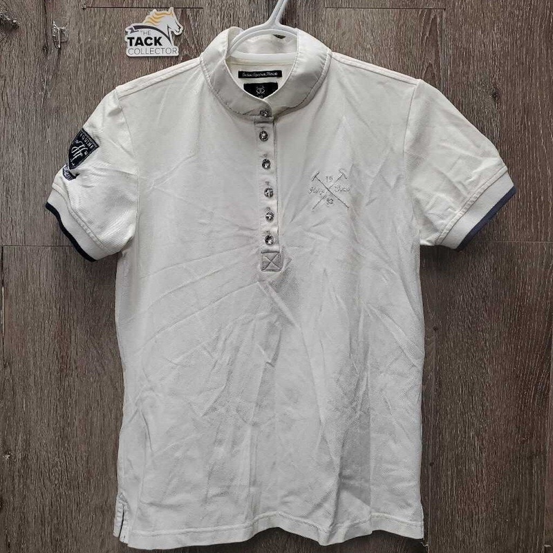 SS Polo Show Shirt, 1/3rd Button Up, Bling Buttons *gc, mnr hair, puckers, pills & stains M White/Navy Used