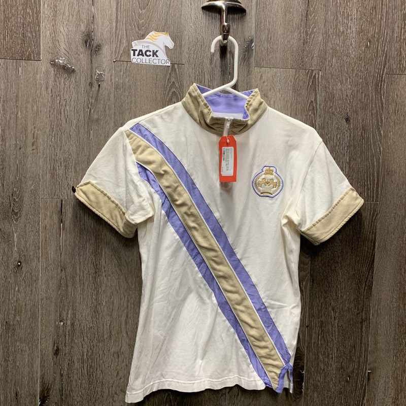 SS Shirt, 1/4 Zip Up, microsuede trim *vgc, shrunk, puckered & bubbled, older L White//Tan/Purple Used