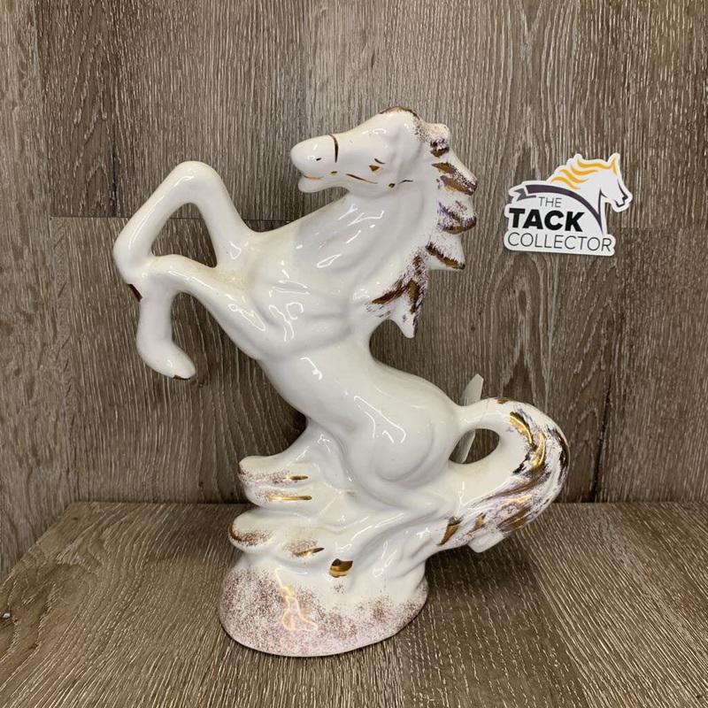 Hollow Rearing Horse Glass Decorative Statue *vgc, mnr stain, dusty 9″ White/Gold Used