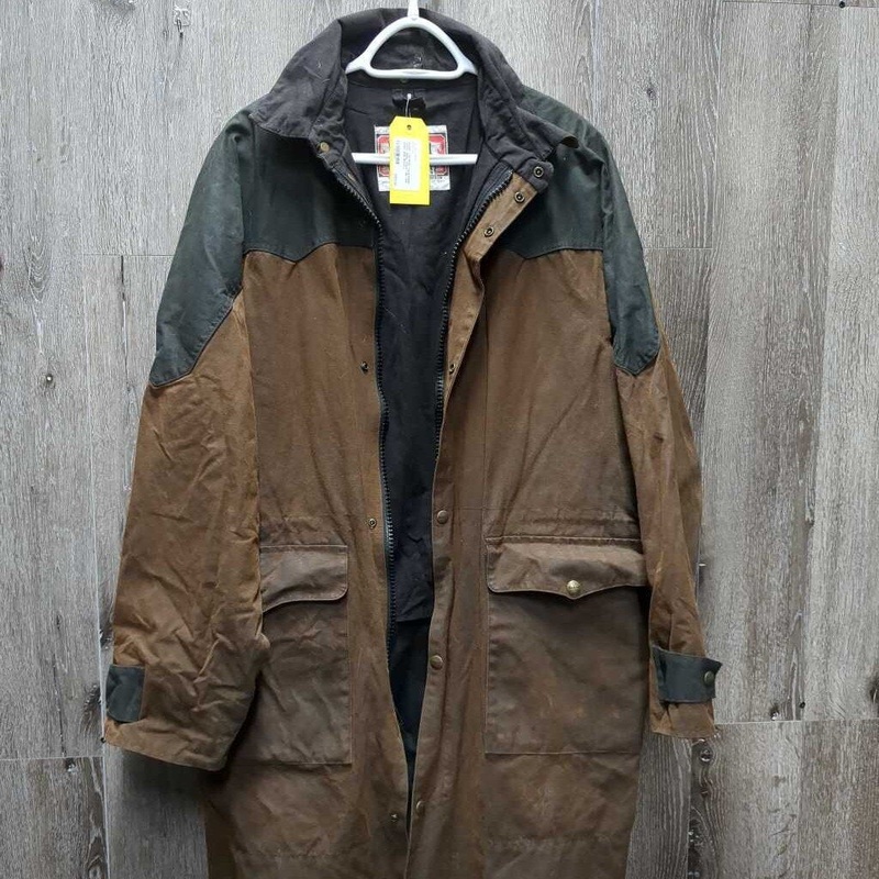 “Line Rider” Long Oilskin Jacket, zipper, snaps *vgc, rubs, stains, older L Brown Used