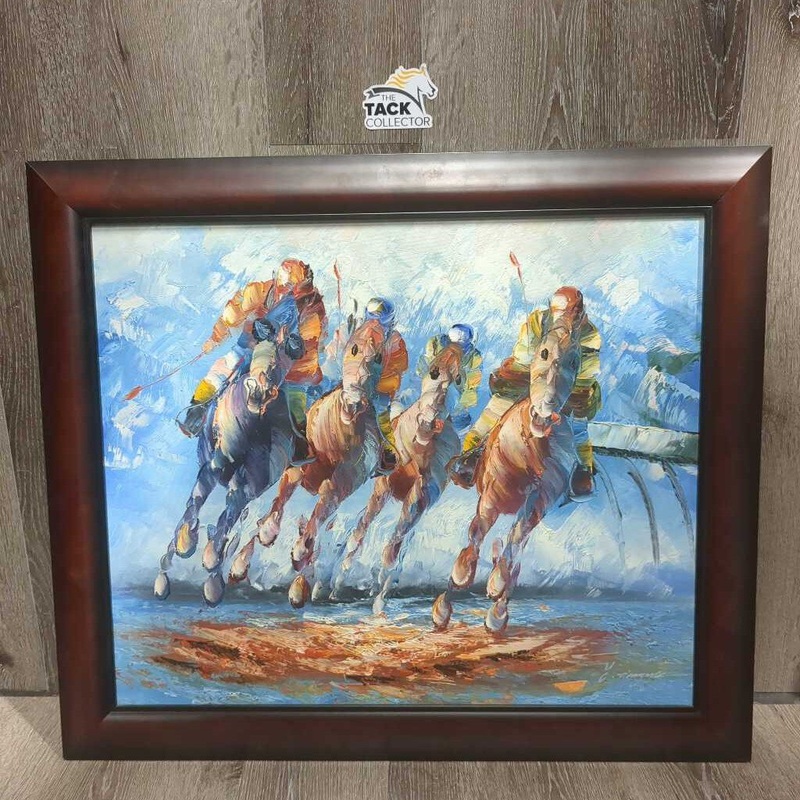 Horse Racing Acrylic Painting, wood frame *vgc, mnr scratches 24″ x 28″ Used
