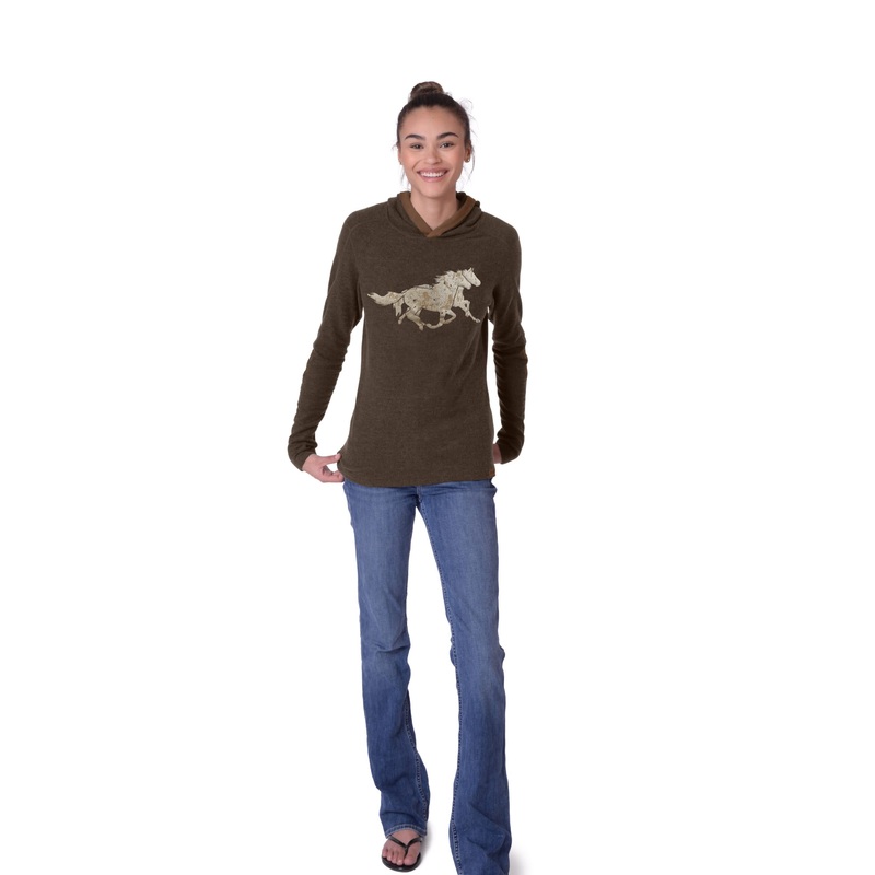 Chestnut Bay Womens Rider Lounge Hoodie – Dark Truffle Running Horses
